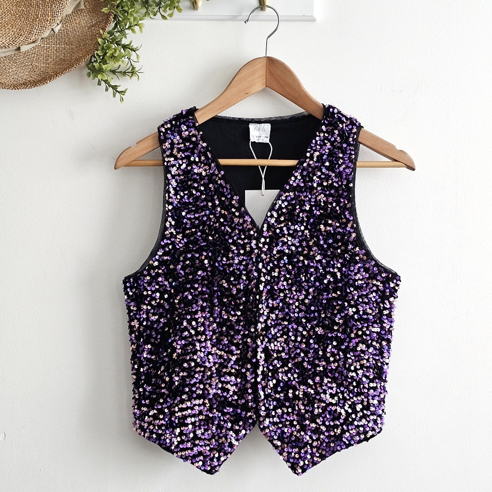 💜 Zara Girls Sequin Vest 13-14 164 Purple Black Sparkle Party Top NWT